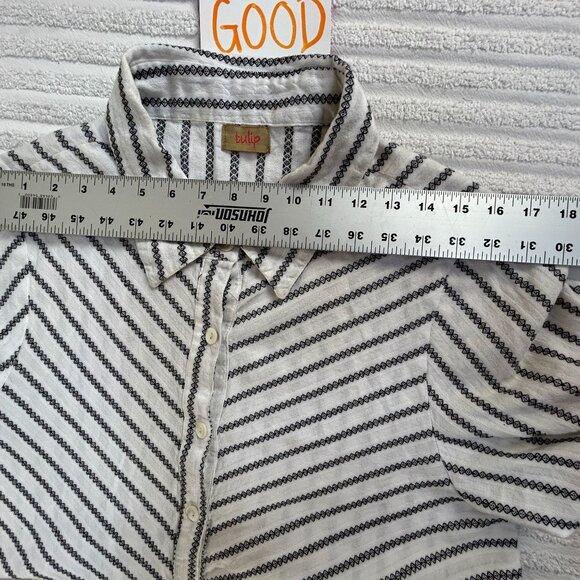 Tulip Womens Long-Sleeve Asymmetrical Button-Up Shirt Large White Black Striped - Picture 6 of 9